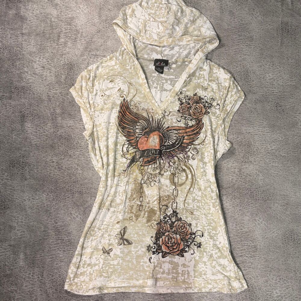 Y2k Beige Tattoo Graphic Hooded Short Sleeve Top